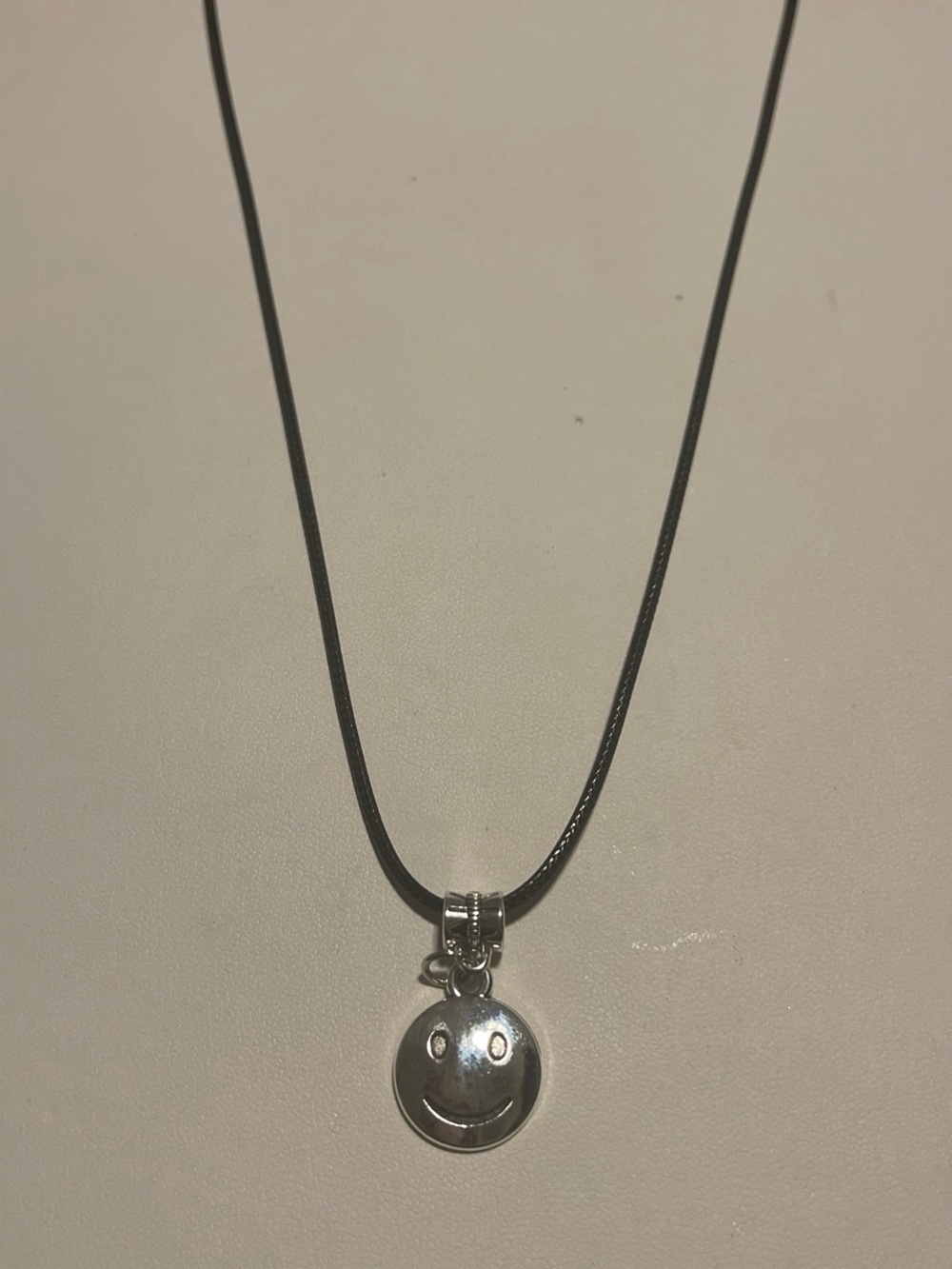 Silver Smiley Pendant Necklace in Black Cord - Women Jewelry